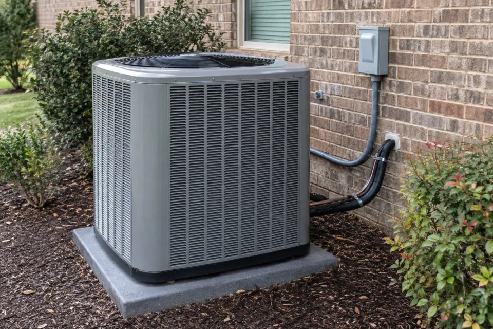 Illustrative image: a new outdoor air conditioner on a pad beside a brick house, its line set and disconnect on the wall.