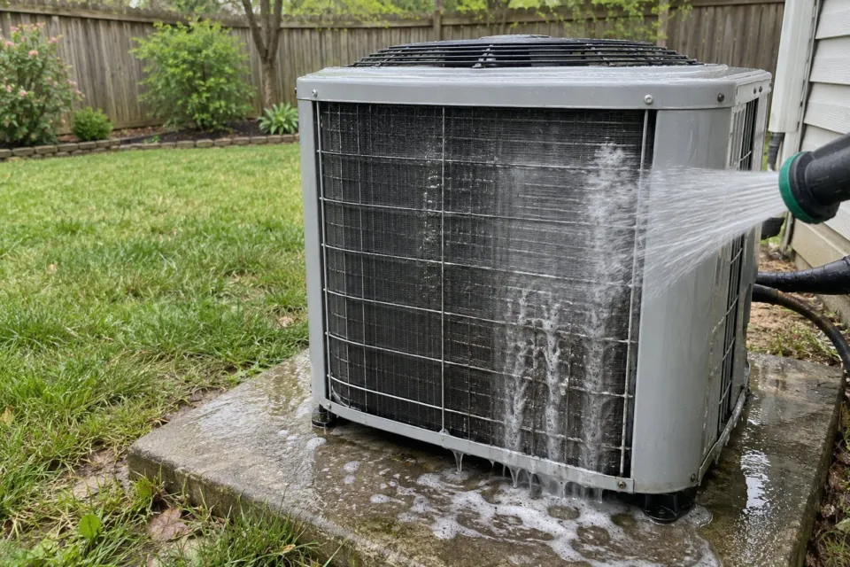Illustrative image: an outdoor air conditioner on a concrete pad being rinsed through the coil with a garden hose, gray suds running off the pad onto the grass.