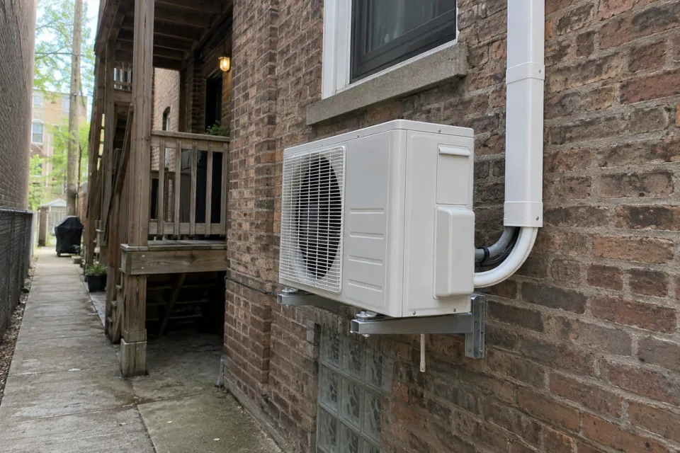 Illustrative image: a white ductless heat pump outdoor unit on wall brackets on a Chicago brick building, its line set cover running up the wall.