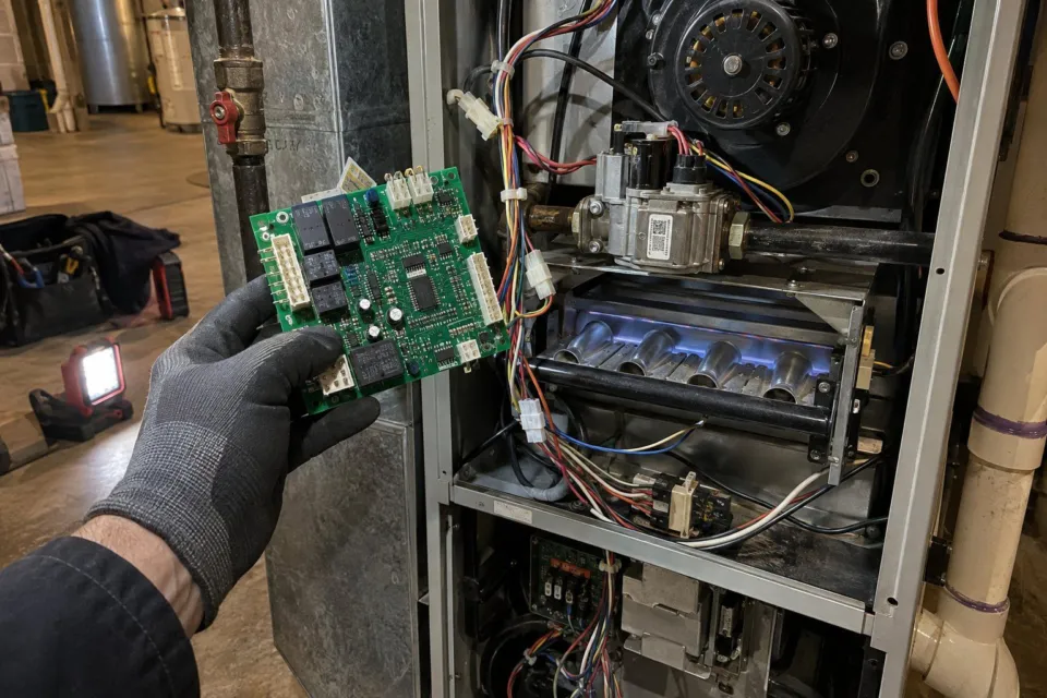 Illustrative image: a gloved hand holding a furnace control board beside an open gas furnace in a basement, the burners lit.