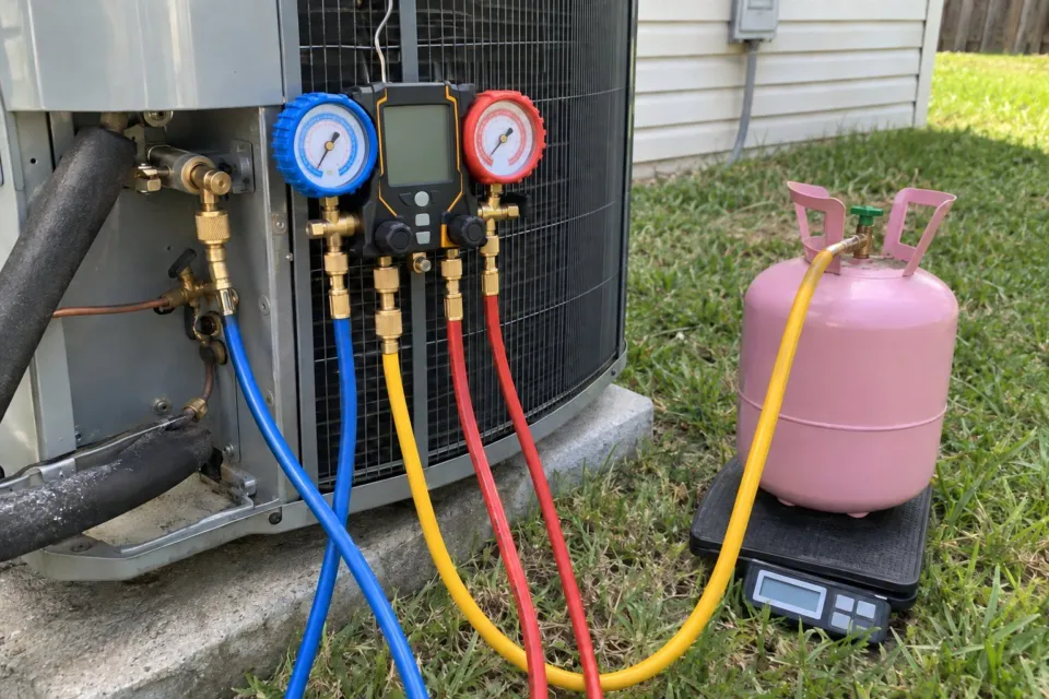 Illustrative image: a refrigerant manifold connected to an outdoor air conditioner, a pink R-410A cylinder standing on a charging scale in the grass.