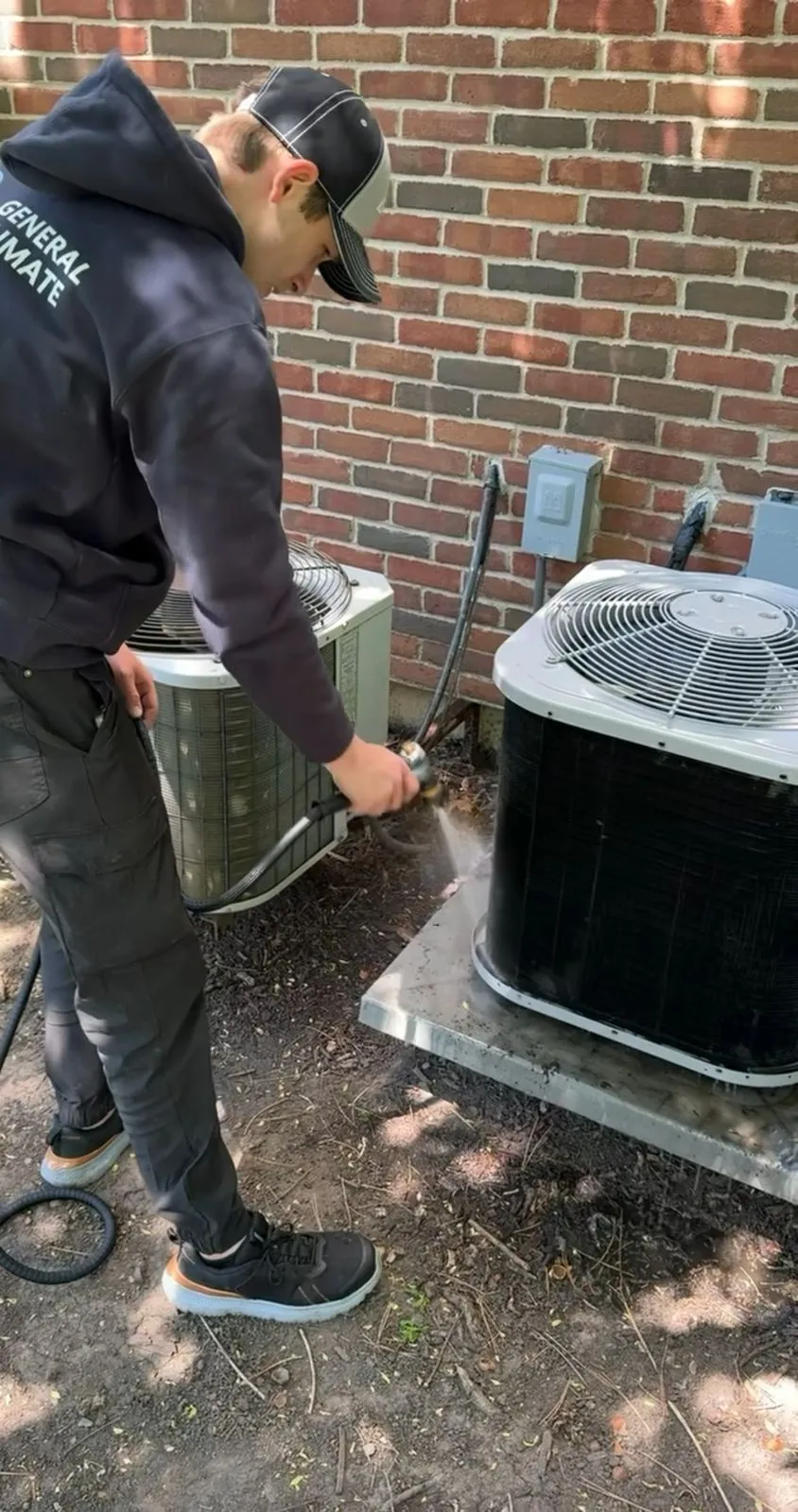 A technician in a General Climate hoodie rinsing the coil of an outdoor air conditioner with a hose, beside a second condensing unit against a brick wall.