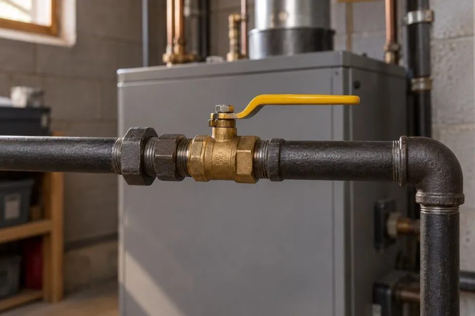 Illustrative image: a brass gas shutoff valve in black iron piping in front of a boiler.
