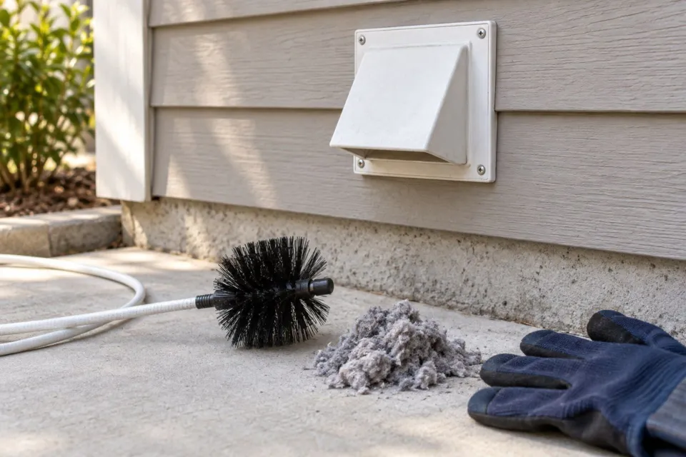 Illustrative image: an exterior dryer vent with a cleaning brush, lint and work gloves nearby.