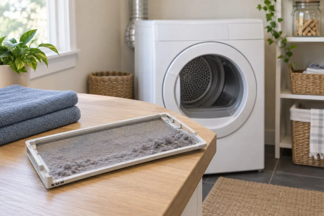 Illustrative image: a dryer lint screen on a counter in a bright laundry room.